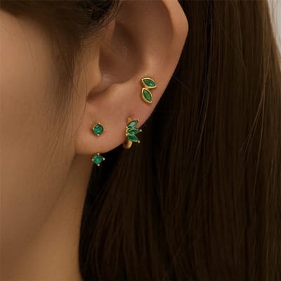 Modulaire Oorbellen Set met Groen Zirkonia Stenen - 18K Verguld Dames Oorbellen - 925 Sterling Zilver - Dames Sieraden
