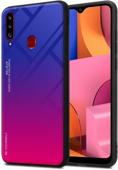 Cadorabo Hoesje geschikt voor Samsung Galaxy A20s in PAARS - ROOD - Tweekleurige beschermhoes van TPU-silicone Case Cover en achterzijde van gehard glas