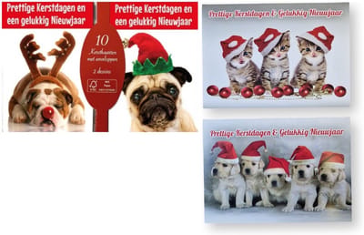 20 Luxe Kerst- en Nieuwjaarskaarten 4 x 5 dubbele kaarten met enveloppen - Kerst 02 Honden & Katten - Gratis verzonden
