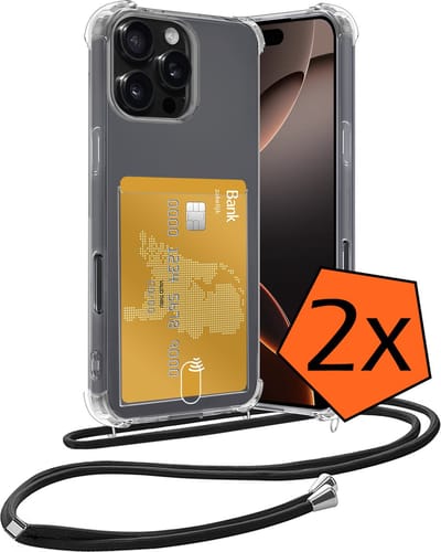 Hoesje Geschikt voor iPhone 16 Pro Hoesje Met Telefoonketting Pasjeshouder Shockproof Case Koord - Hoesje Geschikt voor iPhone 16 Pro Hoes Met Kaarthouder - Transparant - 2 PACK