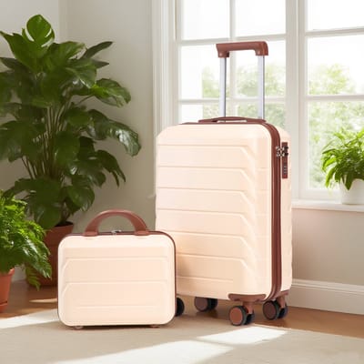 OKWISH Kofferset Lichtgewicht – 2 Delig 19 En 14 Inch – ABS – Beige – Met Cijferslot – Met 360 Graden Zwenkwielen