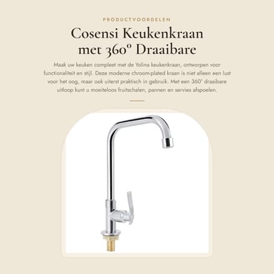 Dailygoods- Keukenkraan 360 Graden Draaibare Uitloop - Koudwaterkraan - Messing Behuizing - RVS Buizen - Chroom Afwerking - Totale Hoogte 29 cm - Waterkraan