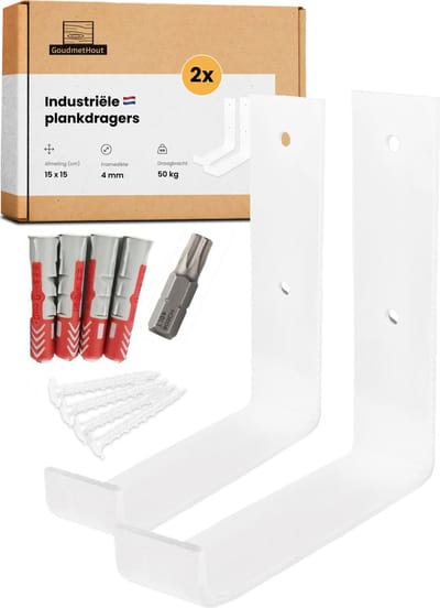 GoudmetHout® Industriële Plankdragers L-vorm UP - 15 cm - Stalen Plankdrager voor Wandschap, Muurrek of Wandconsole - Max 50 kg - 2 Stuks - Mat Wit
