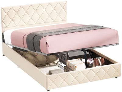 REDOM Tweepersoonsbed 140x200 cm – Fluwelen Bed met Hoog Hoofdbord – Opbergruimte Onder het Bed – Comfortabel Slaapbed voor Slaapkamer – Fluweel Beige