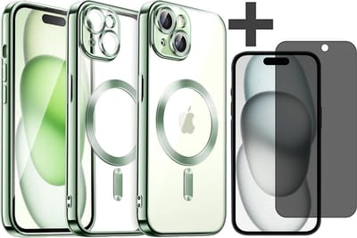 Hoesje met Privacy Screenprotector Geschikt voor iphone 15 Hoesje - Geschikt voor MagSafe - Arara siliconen Backcover - Groen