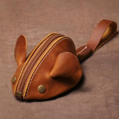Porte-monnaie souris en cuir véritable Petit sac à pièces Sac à clés créatif Sac de rangement à fermeture éclair Portefeuille enfant de dessin animé marron