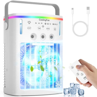 Draagbare airconditioners - 4-in-1 draagbare ventilator met 1000 ml tank - 3 snelheden en afstandsbediening - 2-8 uur timer - 7-kleurige ledverlichting - Mini verdampingsairco voor kamperen - kantoor - slaapkamer en auto