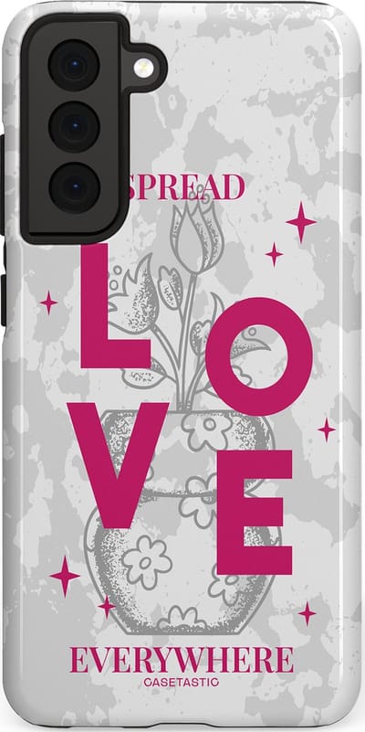 Casetastic hoesje geschikt voor Samsung Galaxy S21 FE 5G - Dubbellaagse bescherming - Spread Love Everywhere - Grijs Roze - Valentijn - Valentine - Fashion Case - Lichtgrijs Wit Roze