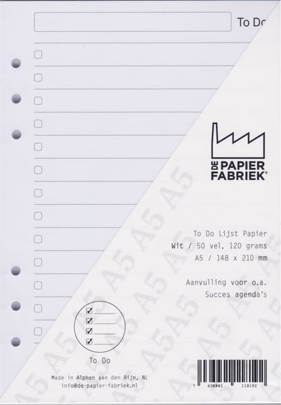 Aanvulling / Navulling A5 voor o.a. Succes, Filofax, Vultera Planners 50 vel = 100 pagina's, To Do List Wit 120 g/m² Papier + EXTRA een 15cm Clipliniaal / Bladwijzer
