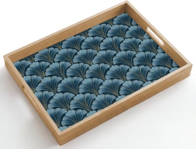 Dienblad hout 50x35 cm - Schootdienblad - Patroon - Ginkgoblad - Blauw - Borrelplank rechthoek - Plateau dienbladen