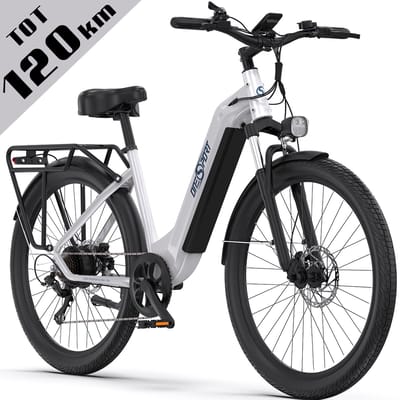 Onesprot 27.5 Inch Elektrische Fiets Stadsfiets - 120 km Actieradius - 655Wh Accu -Hydraulische Schijfremmen- Shimano 7 Versnellingen - Aluminium Frame - LED Display & APP - Lage instap e‑fiets - Wit