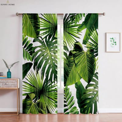 2 stuks Tropische Vegetatie Groene Bladeren Monstera Blad 3D Print Gordijnen Slaapkamer Woonkamer Keuken Decoratieve Gordijnen W50xH140(CM)x2PCS&Grommet Top black