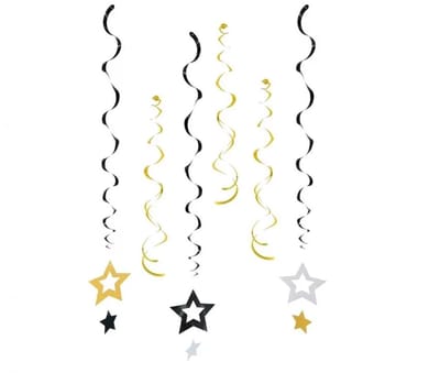 GoDan - Beauty & Charm - Hangdecoratie - Lintdecoratieset - Swirl Slingers - Glitter en Glans met Sterren - Zwart - Zilver - Goud - 6 stuks in blisterverpakking