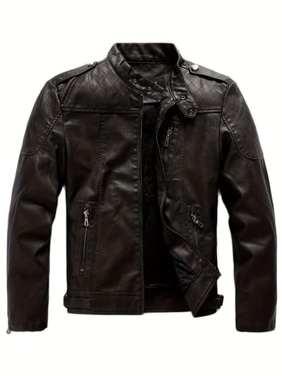Veste de motard tendance en PU, Veste décontractée pour homme à poches zippées et col montant en similicuir pour le printemps et l'automne XXXXL black