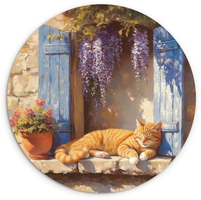 WallCircle® Wandcirkel 120x120 cm - Muurcirkel Kat - Stenen vensterbank - Bloemen - Muurdecoratie woonkamer - Wanddecoratie slaapkamer - Kamer decoratie accessoires - Ronde schilderijen XXL