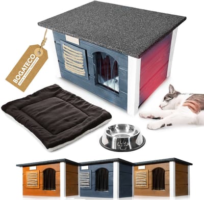 Geïsoleerd Kattenhuis voor Buiten - Waterdicht 4-in-1 Set: Kattenhok met Kussen - Voerbak en Krabpaal - Winterbestendig & Warm - Kant-en-klaar (Geen Montage) - 36x61x39 cm - 3 Kleuren