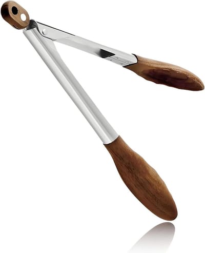 Kooktangen van 31 cm van RVS en hout, hittebestendig en duurzaam, ideaal voor koken, grillen en serveren zonder krassen op pannen