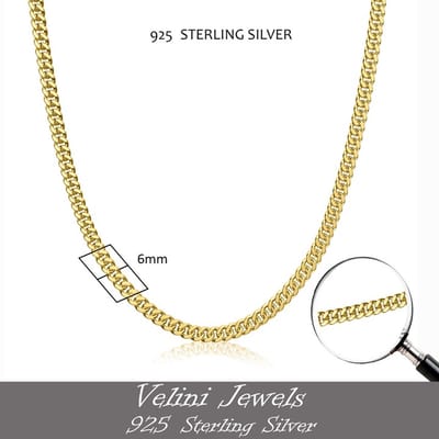 12K goud vergulde 925 zilver 6mm cubaanse halsketting-roestvrij-50cm+5cm verlengstuk met anker slot