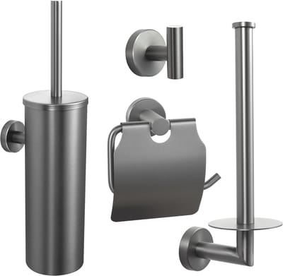 VDN Stainless Toiletaccessoireset Gun metal 4-delig - Toiletborstelhouder - Toiletrolhouder met klep - Handdoekhaakje - Reserverolhouder