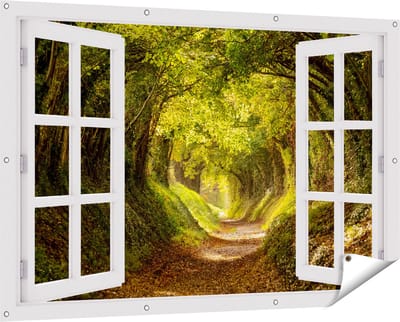 Gards Tuinposter Doorkijk Pad in het Bos met veel Bladeren - 150x100 cm - Tuindoek - Tuindecoratie - Wanddecoratie buiten - Tuinschilderij