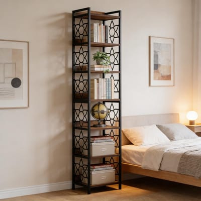 Eckregal 7 Etagen - Boekenkast & Plantenstandaard - 200 cm Hoog - Zwart/Rustiek Bruin