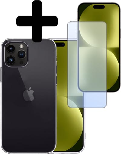 Hoesje - Met Screenprotector - Geschikt voor Apple iPhone 15 Pro - Sterk & Shockproof - Back Cover - Siliconen Case - Telefoon Hoes - Telefoonhoesjes - Transparant