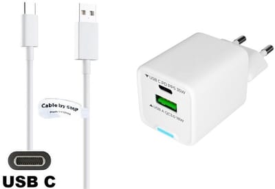 OneOne 35W super snellader met 2 poorten + 0,2m sterke USB C kabel. PD lader. Oplader adapter past op Samsung Galaxy A02s, A03s, A04, A05s, A13, A23, A52s, A21s, F06, Galaxy Note 7, Note 8, Note 9, F41, M33, M23, M35