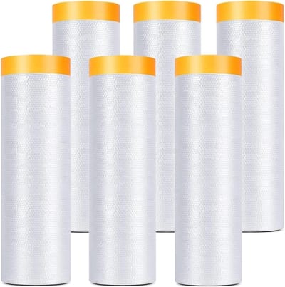6 Stuks Plastic Afdekfolie met Tape, 2m x 20m Transparante Zelfklevende Beschermfolie voor Meubels, Vloeren en Schilderwerk
