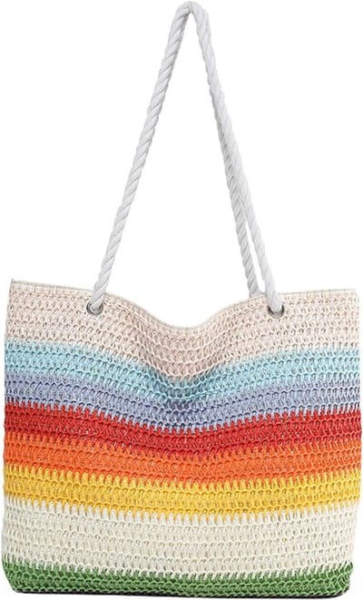 Dailygoods - Andiker Regenboog Stro Strandtas voor dames 2025, lichte grote schoudertas voor dames, met ritssluiting, zomer, gestreept stro, tas, vrouw, groot