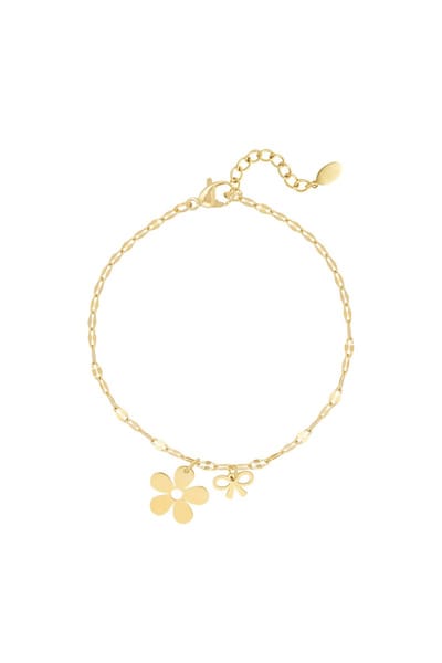 Bedelarmband strik en bloem - Armband dames - Stainless steel - Goudkleurig - Luxe sieraad - Sieraden - Cadeau voor vrouwen