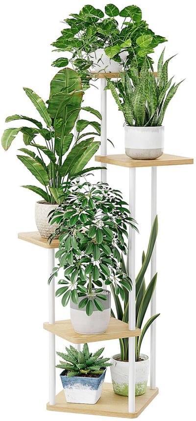 Allecto - Plantenstandaard - Hoog metalen plantenrek - 5 niveaus - Wit - Ruimtebesparend - Voor binnen en buiten - Modern design