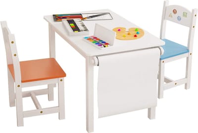 Happyment Kindertafel en 2 Stoeltjes - Kindermeubel - Speeltafel - Kinderbureau - Wit, blauw, oranje