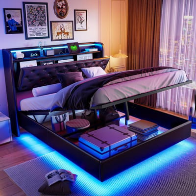 Zwevend bed 160×200cm – PU-leer, LED-lichtstrips op het hoofdeinde en frame – Met USB-poort en opbergruimte onder het bed