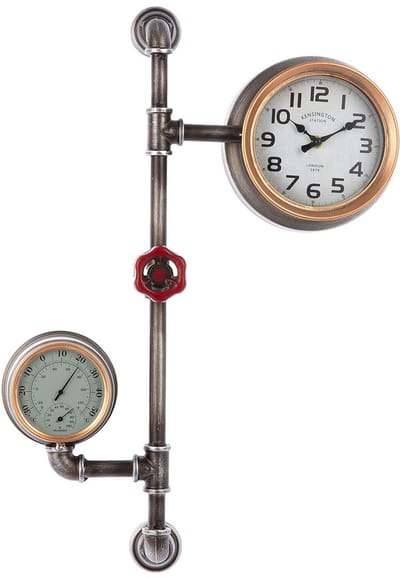 vintage klok en thermometer - metaal koper rood grijs - 9x42x60 cm