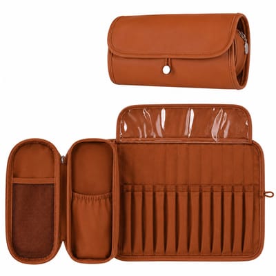 YUBBI Make Up Tas met Borstelhouder - Toilettas - Beautycase - Cosmetica Organizer - Bruin