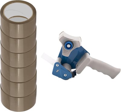 Plakband Dispenser - Tape Rolhouder - Pakketten Verpakken - Inclusief 6 Rollen Tape - Tot 50mm Breed - Bruin