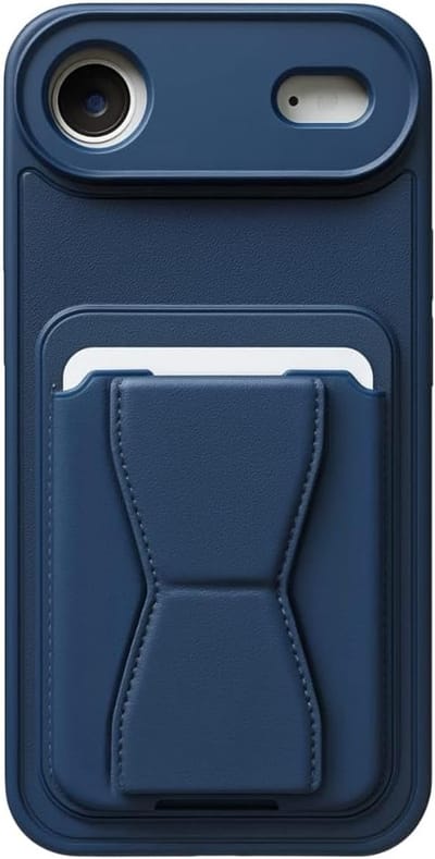 Schokbestendige Backcover met Kaarthouder & Ingebouwde Standaard – PU Leer – Luxe Bescherming & Comfortabele Grip Geschikt voor: iPhone Air - Blauw
