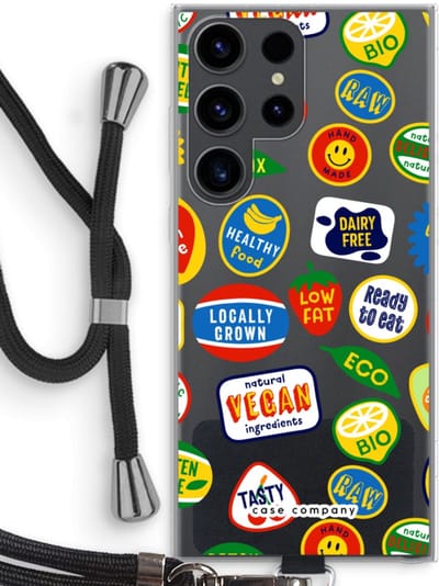 Case Company® - Hoesje met koord geschikt voor Samsung Galaxy S23 Ultra hoesje met Koord - Fruitsticker - Telefoonhoesje met Zwart Koord - Bescherming aan alle Kanten en Over de Schermrand