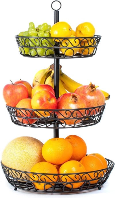 Famanu - Grote 3-laagse fruitetagère zwart, decoratieve metalen fruitschaal 34x34x52 cm