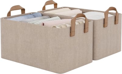 Opbergdozen voor organisatie, opvouwbare opbergmanden voor planken, stoffen opbergdozen met handvatten, 37.5 x 26 x 21 cm decoratieve plankmanden, bruin, set van 2