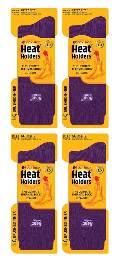 Heat Holders Ultra Lite - 4 Paar Multipack Dames Thermosokken | Ultra Dunne Warme Sokken voor Kousen in de Winter - Paars