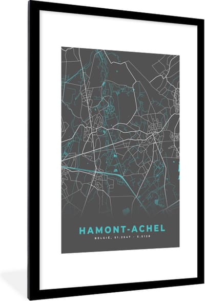 Fotolijst incl. Poster - Stadskaart – Grijs - Kaart – Hamont Achel – België – Plattegrond - 80x120 cm - Posterlijst