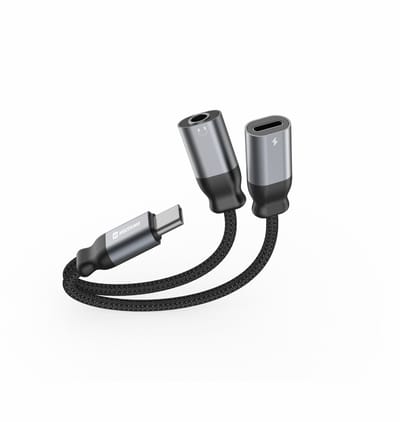Swissten Textile USB-C naar USB-C + 3.5mm Audio Adapter – Opladen en Audio – 0,12 m – Zwart – 73502301
