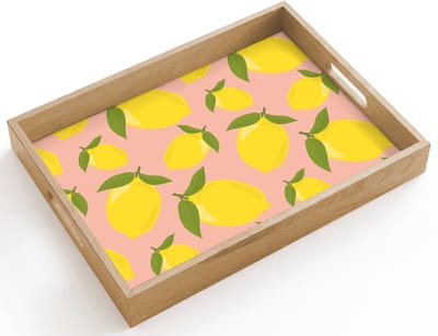 Dienblad hout 40x30 cm - Schootdienblad - Citroenen - Geel - Roze - Patroon - Vruchten - Borrelplank rechthoek - Plateau dienbladen