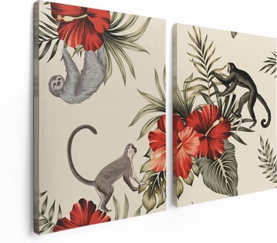 Artaza Canvas Schilderij Tweeluik Tropische Bloemen Met Apen Achtergrond - 120x80 - Foto Op Canvas - Canvas Print