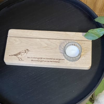 Persoonlijk eikenhouten herinneringsplank | Gedenkplankje - gepersonaliseerd | Eigen tekst | overlijden | in memoriam | waxinelichtje houder