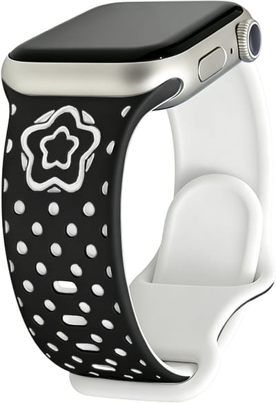 Stravo Dubbellaags Siliconen Dames Bandje met Uitgesneden Sterpatroon – Zacht & Lichtgewicht – Geschikt voor Apple Watch 42mm (Series 11/10), 41mm (Series 9/8/7), 40mm (Series 6/5/4, SE 3/2/1), 38mm (Series 3/2/1) – Zwart / Wit