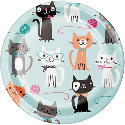 BIGIEMME SRL - 8 kleine kartonnen bordjes met vintage katten turquoise 17 cm
