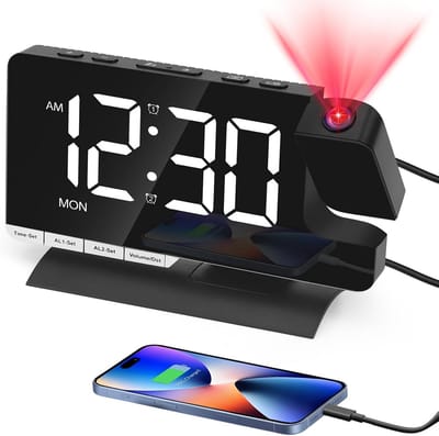 Projectiewekker LED - Nachtkastwekker Spiegel - Tijd Projecteren - Dubbele USB Laders - 7.1 Inch Scherm - Zwart