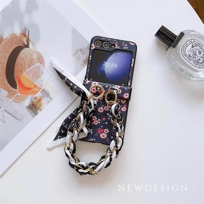 Housse en Cuir PU à Fleurs avec Protection de Charnière & Bracelet Cordon de Poignet Écharpe Pour Coque de Téléphone Samsung Galaxy Z Flip 6 5 4 3 5G Galaxy Z Flip 5